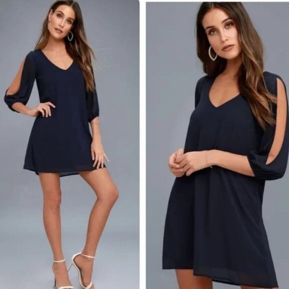 Lulus Shifting Gears Long Sleeve Shift Dress Split Sleeve Chiffon Cocktail L